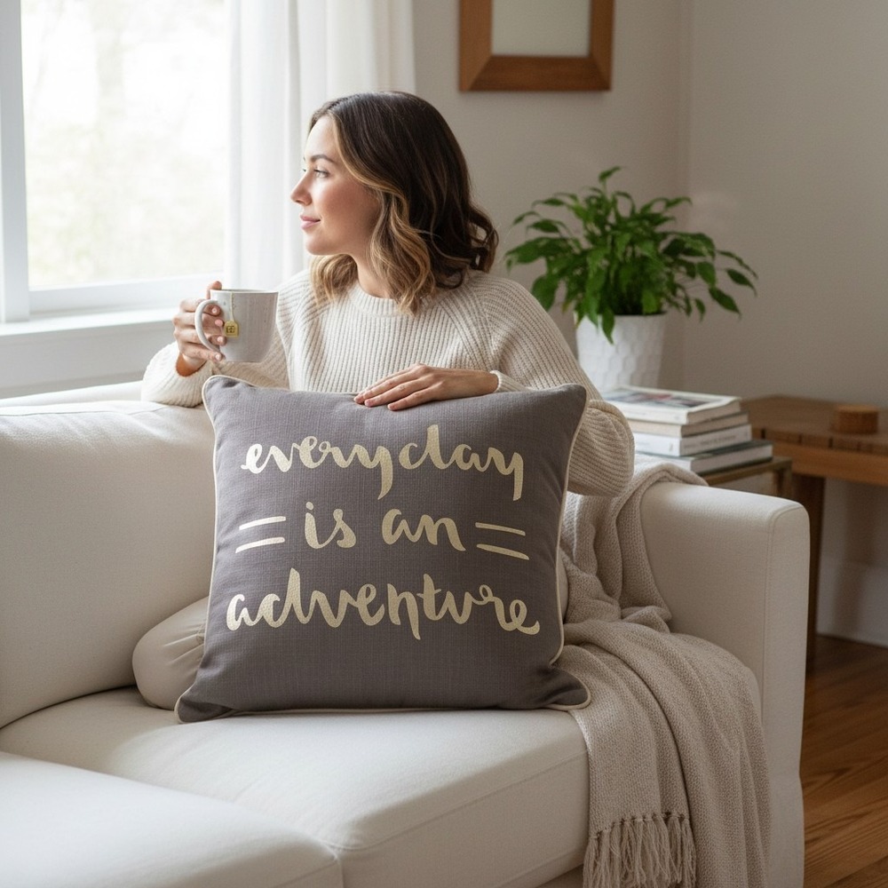 Room Essentials Toss Pillow Unisex 18x18 Earth Gray Brand New Adventure Quote